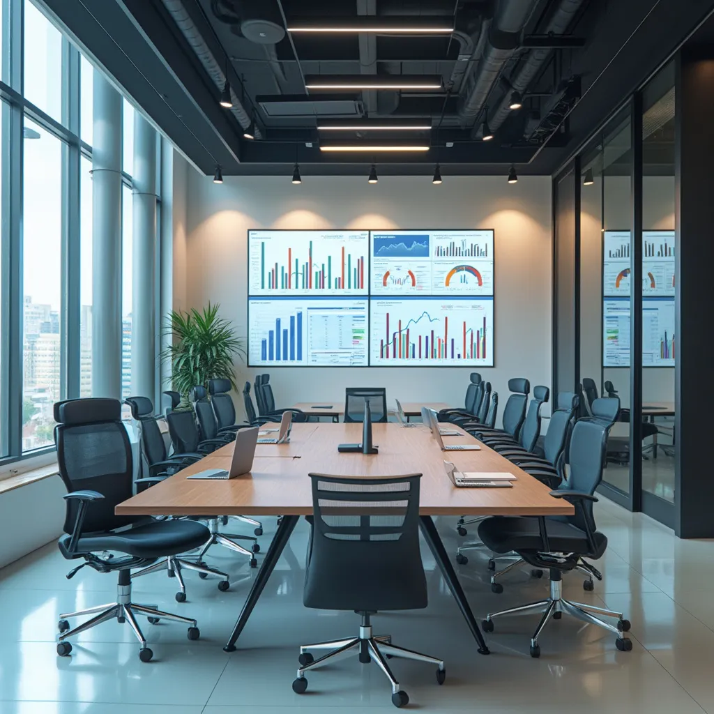 Modern office spaces with digital financial dashboards